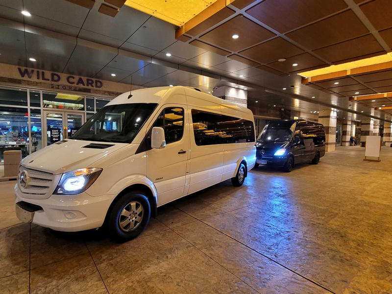 Mercedes White Shuttle in front of Casino