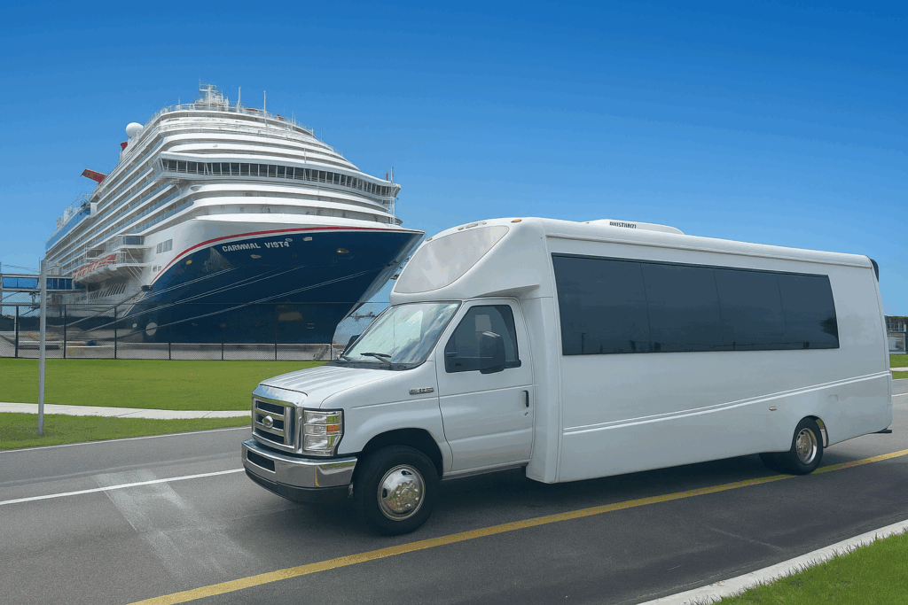 Luxury Elite Party Bus and Limo providing cruise port transportation to Port Tampa Bay with professional chauffeur and spacious interior for groups and luggage.